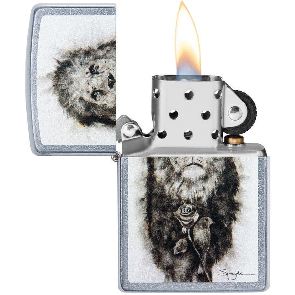 Lion Design By Fire Artist Steven Spazuk Street Chrome Zippo Lighter