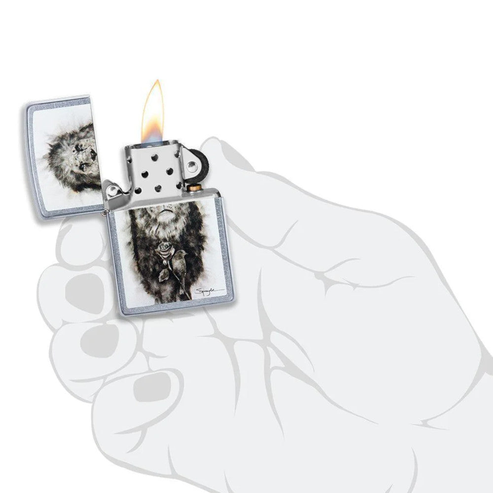Lion Design By Fire Artist Steven Spazuk Street Chrome Zippo Lighter