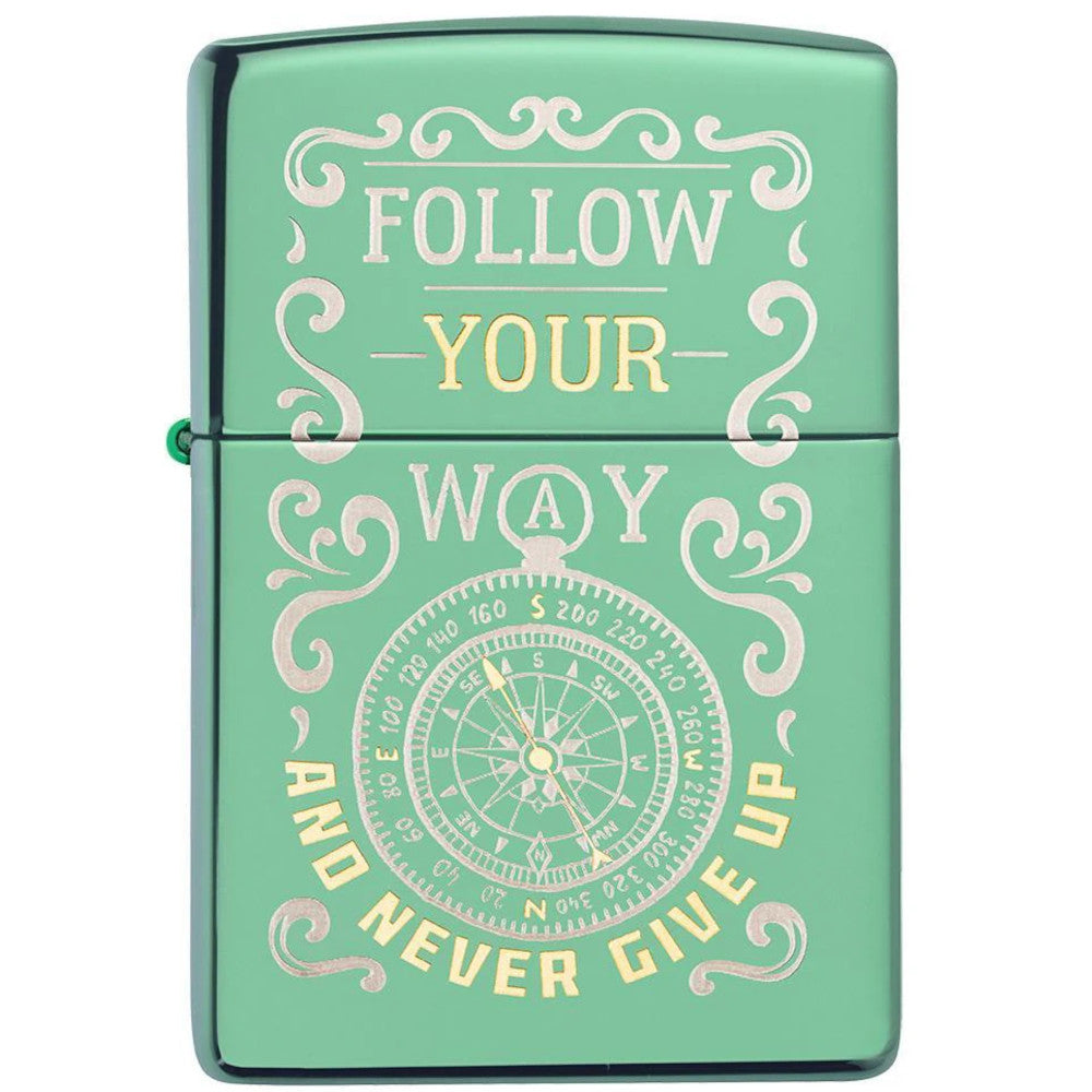 Follow Your Way Compass Design High Polish Green Zippo Lighter