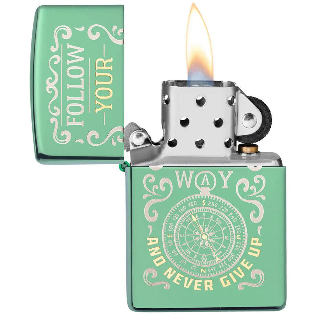Follow Your Way Compass Design High Polish Green Zippo Lighter