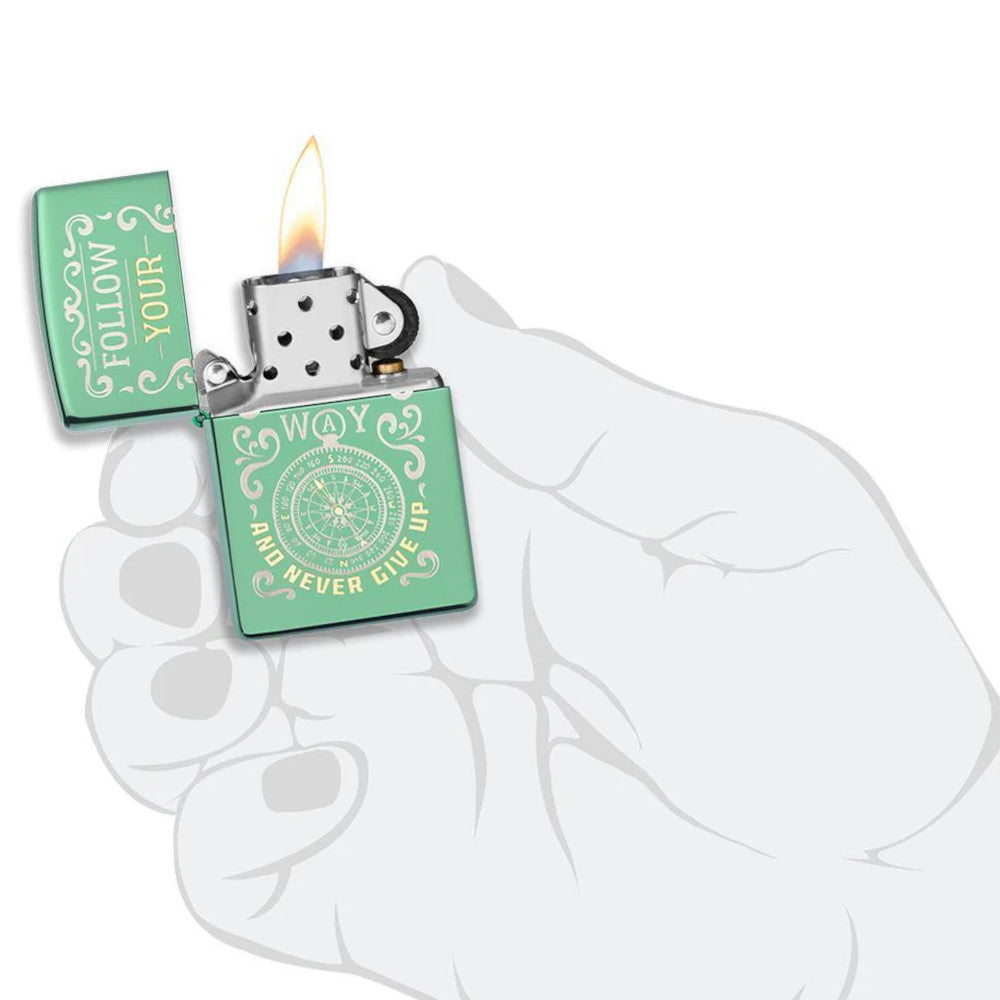 Follow Your Way Compass Design High Polish Green Zippo Lighter
