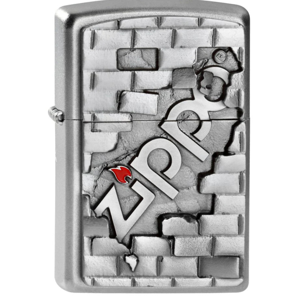 Zippo Logo Brick In The Wall Satin Chrome Zippo Lighter