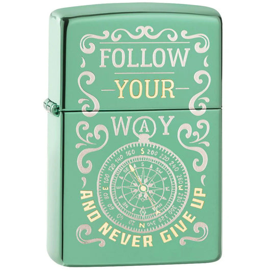 Follow Your Way Compass Design High Polish Green Zippo Lighter