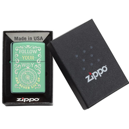Follow Your Way Compass Design High Polish Green Zippo Lighter