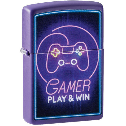 Gamer Play And Win Design Purple Matte Zippo Lighter
