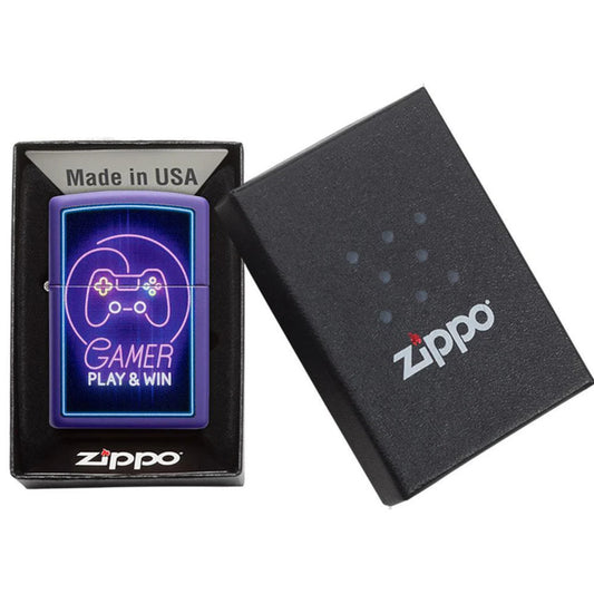 Gamer Play And Win Design Purple Matte Zippo Lighter