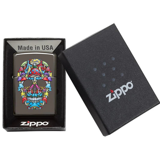 Spooky Psychedelic Colourful Mushroom Skull Black Ice Colour Imaged Zippo Lighter