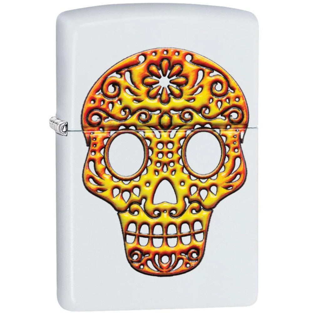 Yellow Sugar Skull 3D Texture Printed White Matte Zippo Lighter