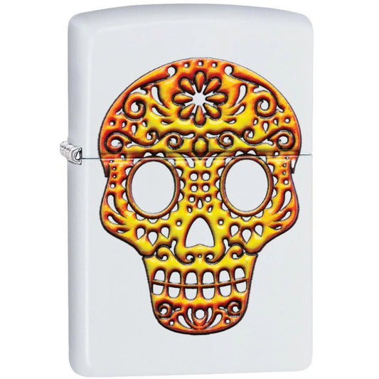 Yellow Sugar Skull 3D Texture Printed White Matte Zippo Lighter