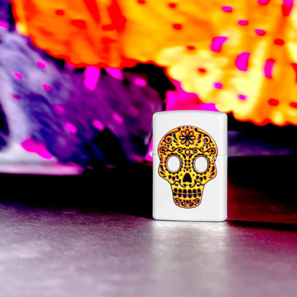 Yellow Sugar Skull 3D Texture Printed White Matte Zippo Lighter