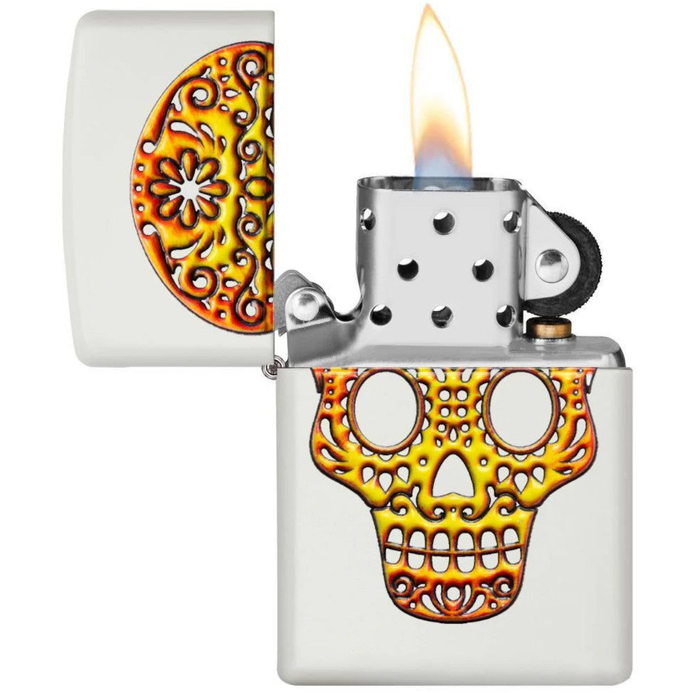 Yellow Sugar Skull 3D Texture Printed White Matte Zippo Lighter