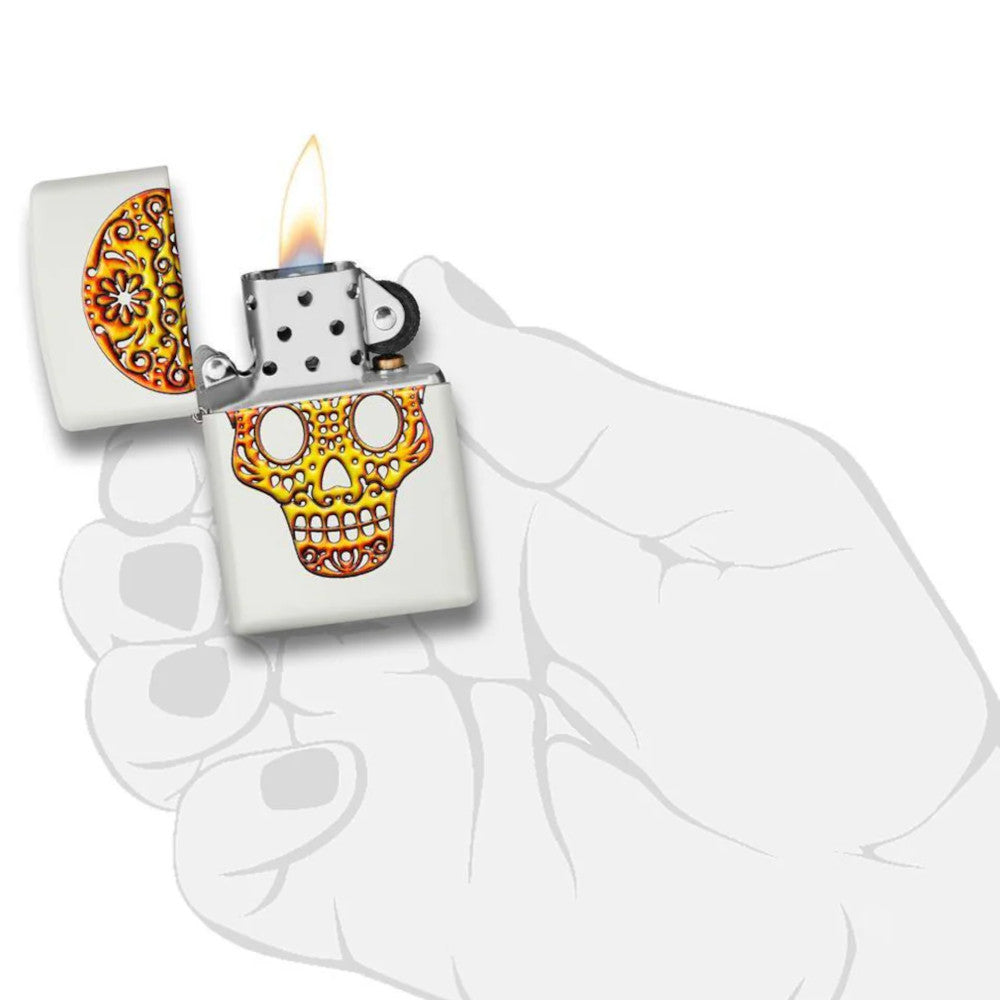 Yellow Sugar Skull 3D Texture Printed White Matte Zippo Lighter