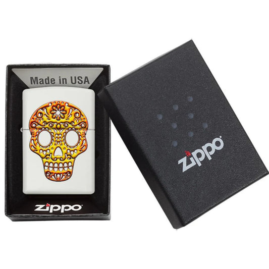 Yellow Sugar Skull 3D Texture Printed White Matte Zippo Lighter