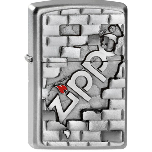 Zippo Logo Brick In The Wall Satin Chrome Zippo Lighter